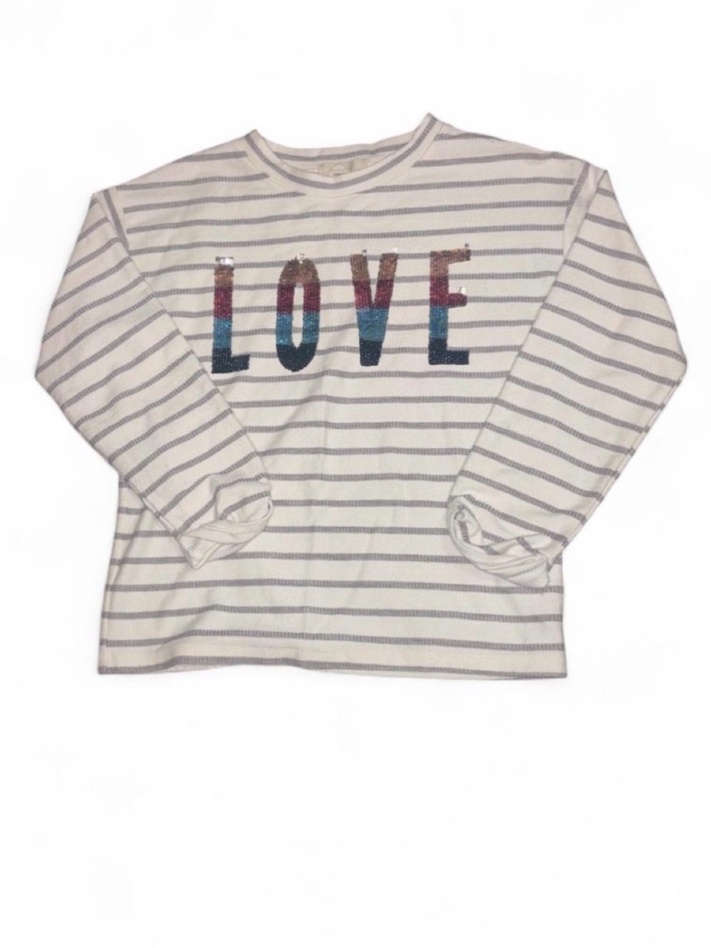 Peek Striped Long-Sleeve Tee with Sequin 'LOVE' Graphic - Cream & Gray